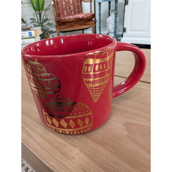 Starbucks Other - STARBUCKS 2015 Red Christmas Holiday Coffee Mug Cup Gold Ornaments